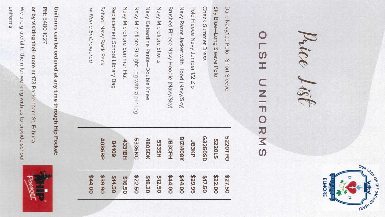 OLSH Uniform Price List